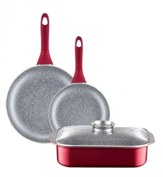 AMBITION JASPER Komplet patelni (20, 28) cm + Brytfanna / nieprzywierająca powłoka Qualum Basic Stone Edition  / czerwone