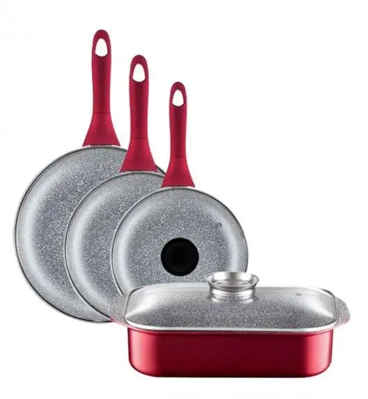 AMBITION JASPER Komplet patelni (20, 24, 28) cm + pokrywki uniwersalne +brytfanna / nieprzywierająca powłoka Qualum Basic Stone Edition  / czerwone
