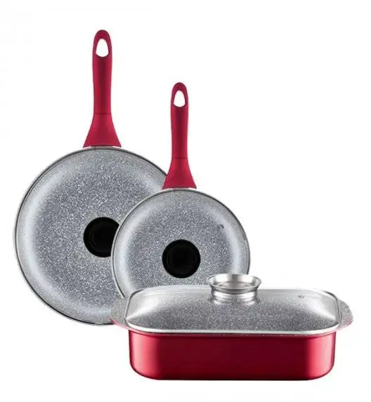 AMBITION JASPER Komplet patelni (20, 28) cm + pokrywki uniwersalne +brytfanna / nieprzywierająca powłoka Qualum Basic Stone Edition  / czerwone
