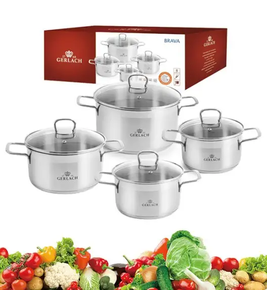 GERLACH BRAVA Komplet Garnki z pokrywkami 8 el / Stal nierdzewna / INDUKCJA 