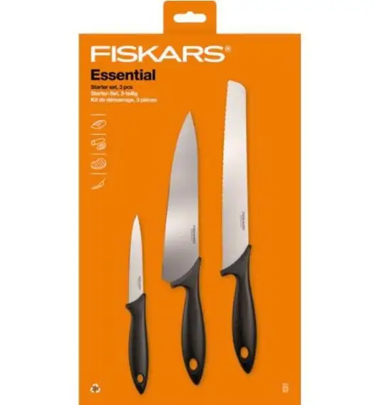 FISKARS ESSENTIAL Zestaw 3 noży kuchennych / stal nierdzewna HRC 53