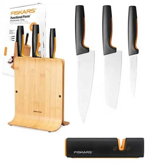 FISKARS FUNCTIONAL FORM 1057553 Komplet 3 noży w bloku bambusowym + ostrzałka Fiskars Edge
