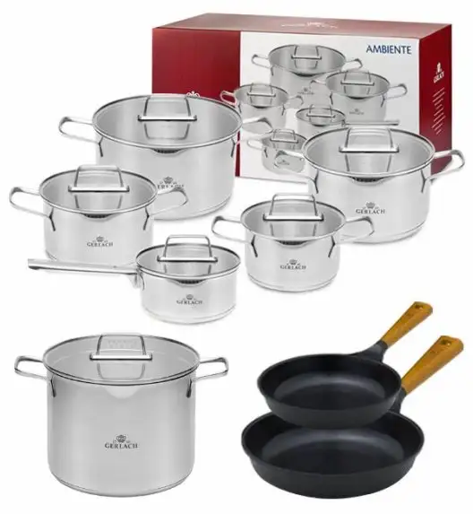GERLACH AMBIENTE Komplet Garnki z pokrywkami 10 el + Garnek Ambiente 7 l + Patelnie Natur 20, 28 cm / stal nierdzewna / indukcja