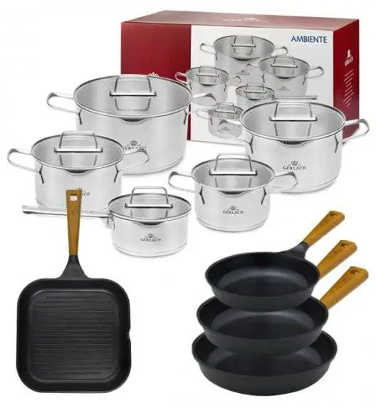 GERLACH AMBIENTE Komplet Garnki z pokrywkami 10 el+ Patelnie Natur 20, 24, 28 cm + grillowa 28 cm / stal nierdzewna / indukcja