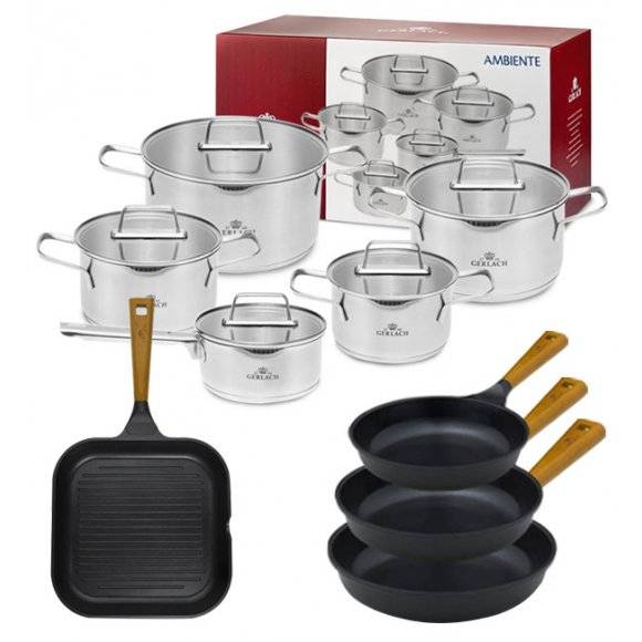 GERLACH AMBIENTE Komplet Garnki z pokrywkami 10 el+ Patelnie Natur 20, 24, 28 cm + grillowa 28 cm / stal nierdzewna / indukcja