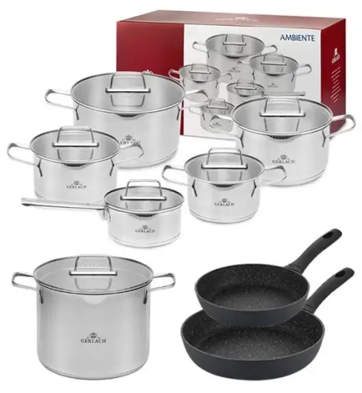 GERLACH AMBIENTE Komplet Garnki z pokrywkami 10 el + Garnek Ambiente 7 l + Patelnie Granitex 20, 28 cm / stal nierdzewna / indukcja