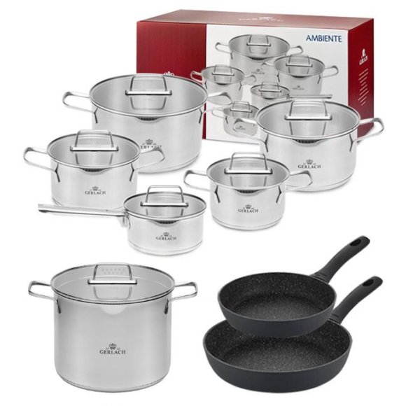 GERLACH AMBIENTE Komplet Garnki z pokrywkami 10 el + Garnek Ambiente 7 l + Patelnie Granitex 20, 28 cm / stal nierdzewna / indukcja
