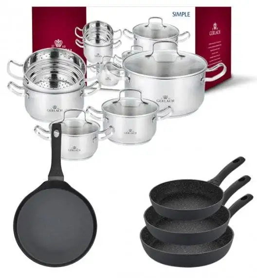 GERLACH SIMPLE Komplet Garnki z pokrywkami + wkład do gotowania na parze 9 el + Gerlach Harmony Patelnia naleśnikowa 26 cm + Patelnia Granitex 20, 24, 28 cm / Stal nierdzewna