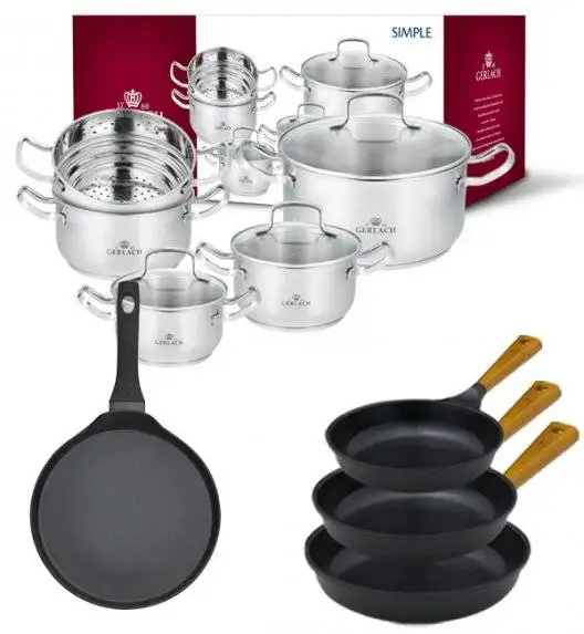 GERLACH SIMPLE Komplet Garnki z pokrywkami + wkład do gotowania na parze 9 el + Gerlach Harmony Patelnia naleśnikowa 26 cm + Patelnia Natur 20, 24, 28 cm / Stal nierdzewna