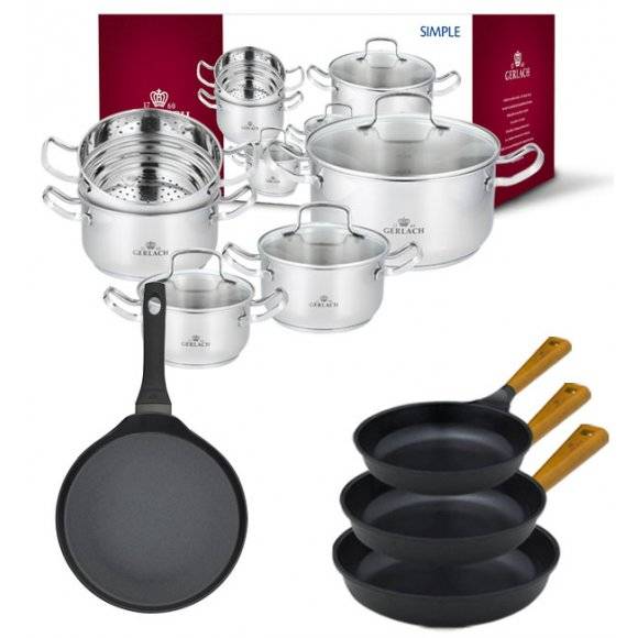 GERLACH SIMPLE Komplet Garnki z pokrywkami + wkład do gotowania na parze 9 el + Gerlach Harmony Patelnia naleśnikowa 26 cm + Patelnia Natur 20, 24, 28 cm / Stal nierdzewna