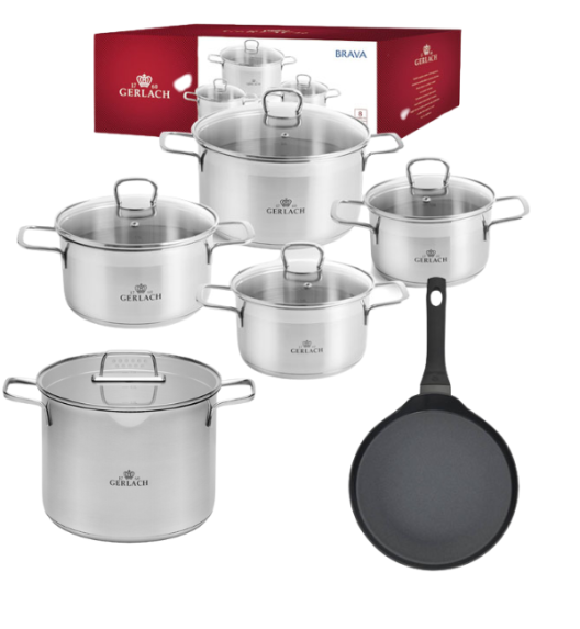 GERLACH BRAVA Komplet Garnki z pokrywkami 8 el + Patelnia naleśnikowa 26 cm Gerlach Harmony + Garnek 7 l 