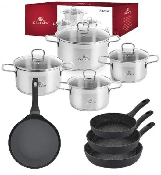 GERLACH BRAVA Komplet Garnki z pokrywkami 8 el + Patelnia naleśnikowa 26 cm Gerlach Harmony + Patelnia Granitex 20, 24, 28 cm