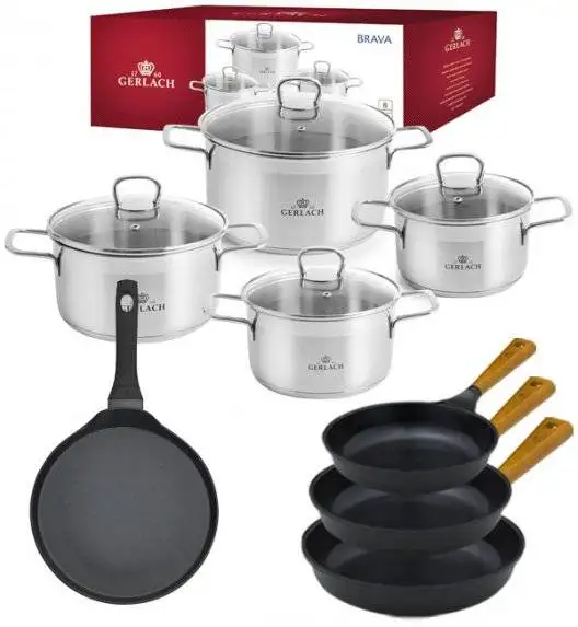 GERLACH BRAVA Komplet Garnki z pokrywkami 8 el + Patelnia naleśnikowa 26 cm Gerlach Harmony + Patelnia Natur 20, 24, 28 cm