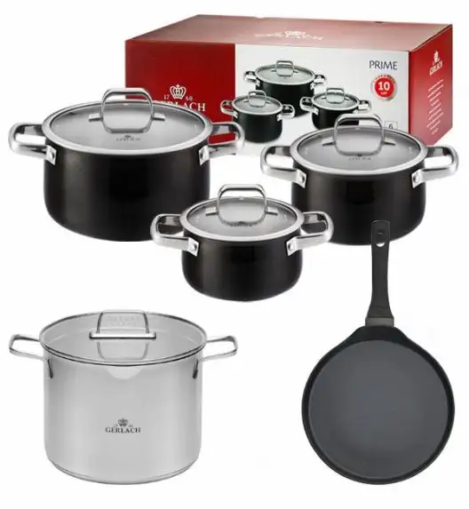 GERLACH PRIME Komplet Garnki z pokrywkami 6 el / stal nierdzewna + Patelnia naleśnikowa 26 cm + Gerlach Ambiente 7 l 