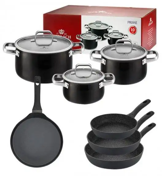 GERLACH PRIME Komplet Garnki z pokrywkami 6 el / stal nierdzewna + Patelnia naleśnikowa 26 cm + Patelnia Granitex 20, 24, 28 cm 