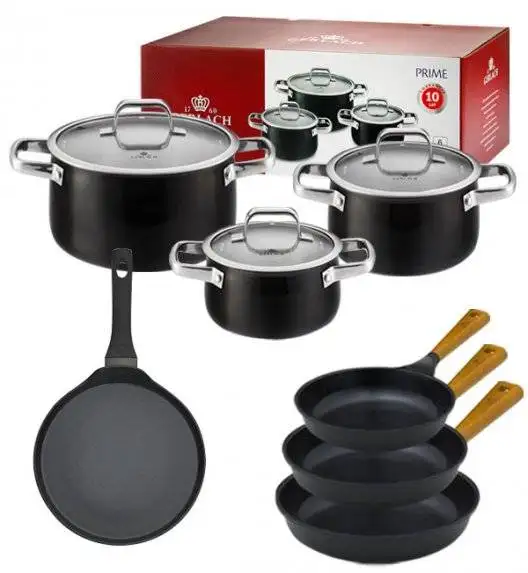 GERLACH PRIME Komplet Garnki z pokrywkami 6 el / stal nierdzewna + Patelnia naleśnikowa 26 cm + Patelnia Natur 20, 24, 28 cm 