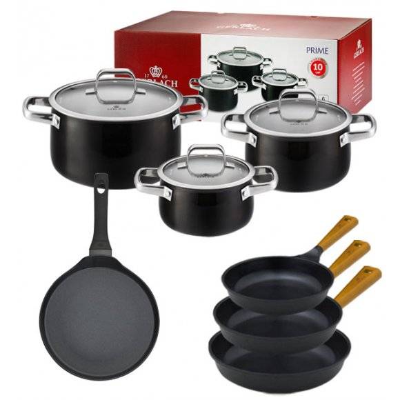 GERLACH PRIME Komplet Garnki z pokrywkami 6 el / stal nierdzewna + Patelnia naleśnikowa 26 cm + Patelnia Natur 20, 24, 28 cm 