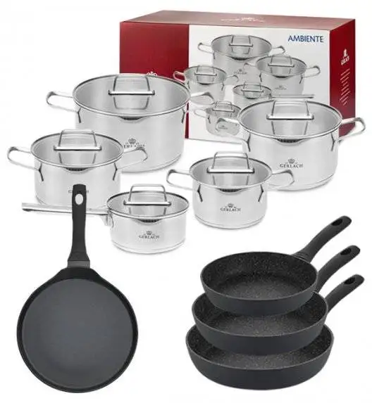 GERLACH AMBIENTE Komplet Garnki z pokrywkami 10 el + Patelnia naleśnikowa 26 cm +Granitex Patelnia 20, 24, 28 cm