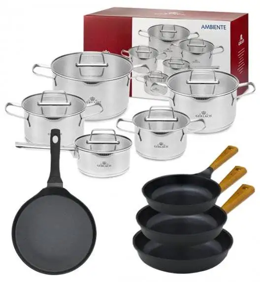 GERLACH AMBIENTE Komplet Garnki z pokrywkami 10 el + Patelnia naleśnikowa 26 cm + Gerlach Natur Patelnia 20, 24, 28 cm