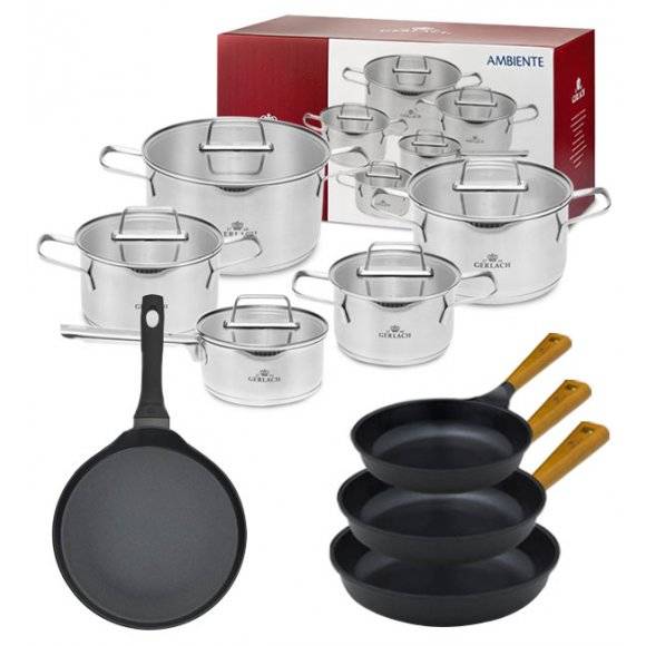 GERLACH AMBIENTE Komplet Garnki z pokrywkami 10 el + Patelnia naleśnikowa 26 cm + Gerlach Natur Patelnia 20, 24, 28 cm