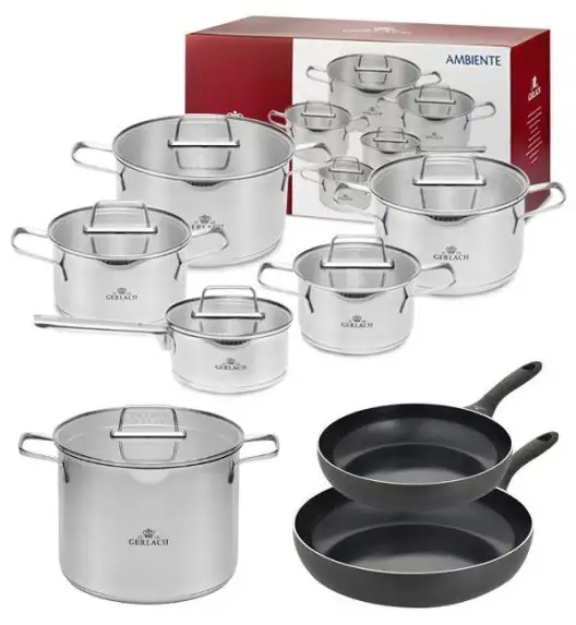 GERLACH AMBIENTE Komplet Garnki z pokrywkami 10 el + Garnek Ambiente 7 l + Patelnie Initial 24, 28 cm / stal nierdzewna / indukcja