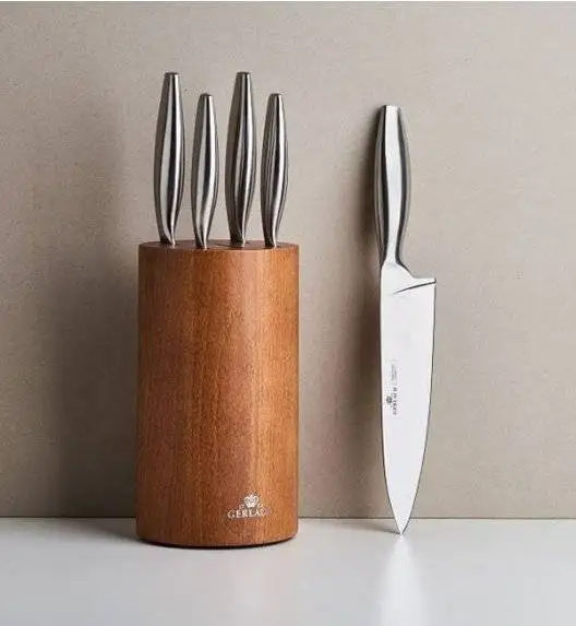 GERLACH FINE Komplet 5 noży w bloku + Natur Tasak do ziół z deską 