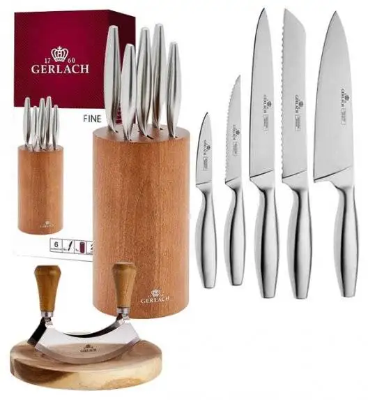 GERLACH FINE Komplet 5 noży w bloku + Natur Tasak do ziół z deską 