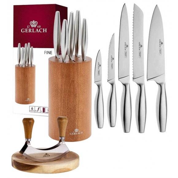 GERLACH FINE Komplet 5 noży w bloku + Natur Tasak do ziół z deską 