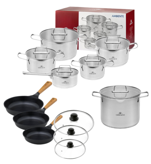 GERLACH AMBIENTE Komplet Garnki z pokrywkami 10 el+ Garnek Ambiente 7 l +Patelnie Natur 20, 24, 28 cm +pokrywki / stal nierdzewna / indukcja