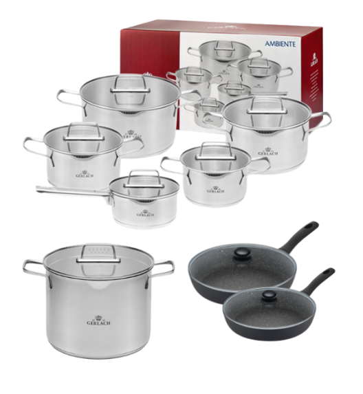 GERLACH AMBIENTE Komplet Garnki z pokrywkami 10 el + Gerlach Ambiente 7 l +Patelnie Granitex 20, 28 cm +pokrywki uniwersalne / stal nierdzewna / indukcja
