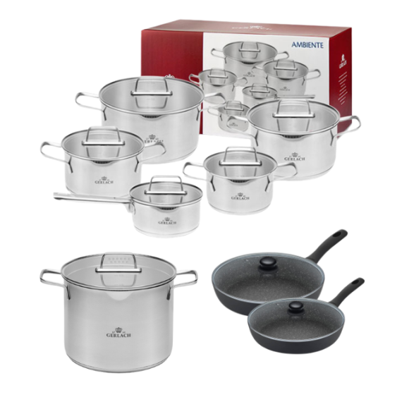 GERLACH AMBIENTE Komplet Garnki z pokrywkami 10 el + Gerlach Ambiente 7 l +Patelnie Granitex 20, 28 cm +pokrywki uniwersalne / stal nierdzewna / indukcja