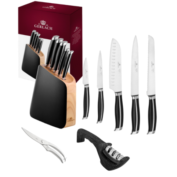 GERLACH LOFT Komplet 5 noży w bloku + ostrzałka 3w1 Granitex +nożyce stalowe do drobiu 