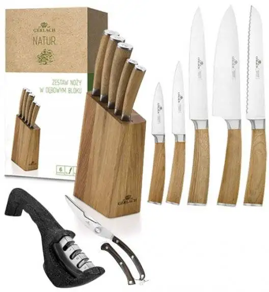 GERLACH NATUR Komplet 5 noży w bloku + ostrzałka 3w1 Gerlach Granitex+ nożyce drewniane do drobiu 