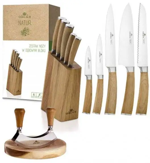 GERLACH NATUR Komplet 5 noży w bloku + Natur Tasak do ziół z deską 