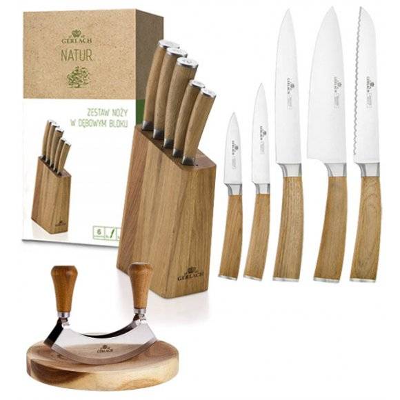 GERLACH NATUR Komplet 5 noży w bloku + Natur Tasak do ziół z deską 