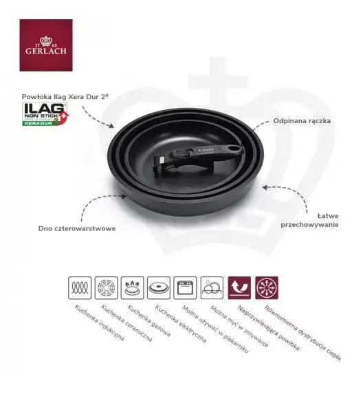 GERLACH SMART 994 Komplet 3 garnków 16/18/20 cm z odpinaną rączką + patelnie Smart 20, 24, 28 cm 