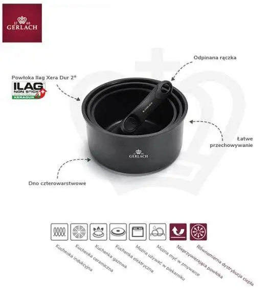GERLACH SMART 994 Komplet 3 garnków 16/18/20 cm z odpinaną rączką + patelnie Smart 20, 24, 28 cm +pokrywka silikonowa 24/26/28 cm 