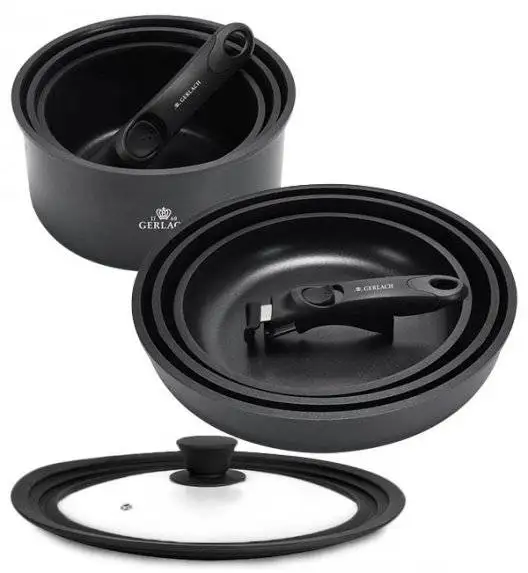 GERLACH SMART 994 Komplet 3 garnków 16/18/20 cm z odpinaną rączką + patelnie Smart 20, 24, 28 cm +pokrywka silikonowa 24/26/28 cm 