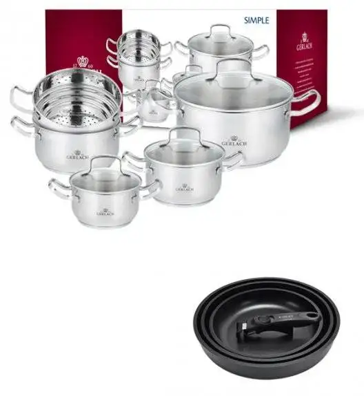 GERLACH SIMPLE Komplet Garnki z pokrywkami + wkład do gotowania na parze 9 el +Gerlach Smart Patelnia 20 24 28 cm 