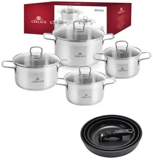 GERLACH BRAVA Komplet Garnki z pokrywkami 8 el + Gerlach Smart Patelnia 20 24 28 cm 