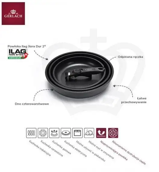 GERLACH PRIME Komplet Garnki z pokrywkami 6 el + patelnie Gerlach Smart Patelnia 20 24 28 cm 