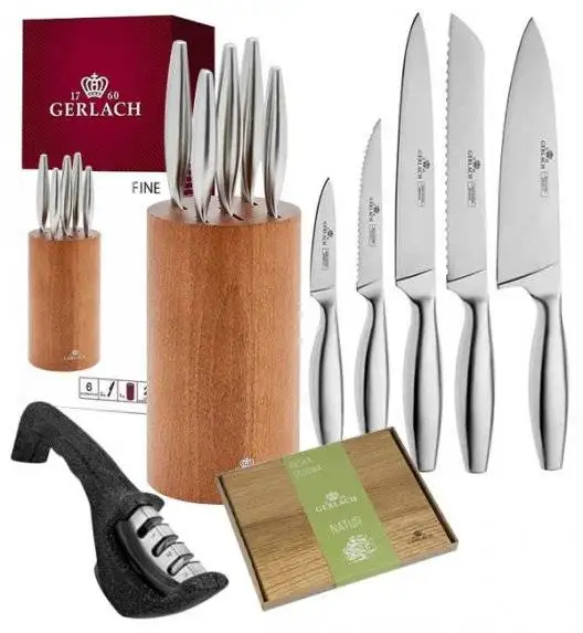 GERLACH FINE Komplet 5 noży w bloku + ostrzałka 3w1 Gerlach + deska dębowa