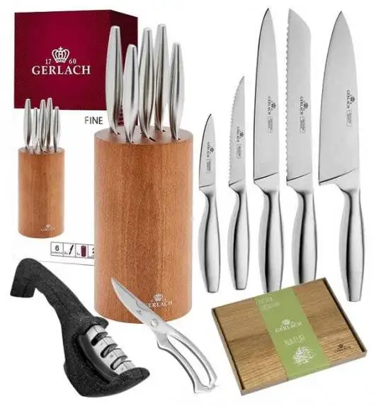 GERLACH FINE Komplet 5 noży w bloku + ostrzałka 3w1 Gerlach + deska dębowa + nożyce do drobiu
