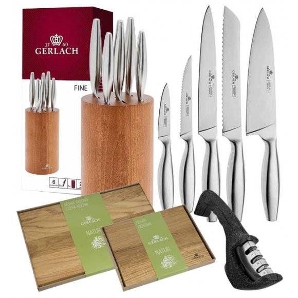 GERLACH FINE Komplet 5 noży w bloku + ostrzałka 3w1 Gerlach + komplet desek dębowych