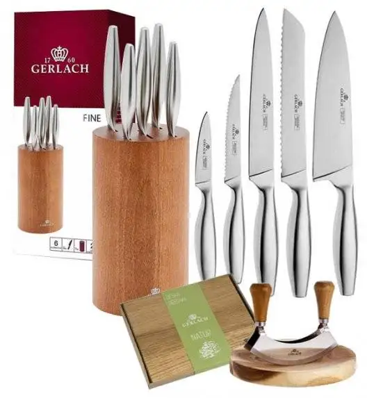 GERLACH FINE Komplet 5 noży w bloku + Natur Tasak z deską do ziół + deska dębowa