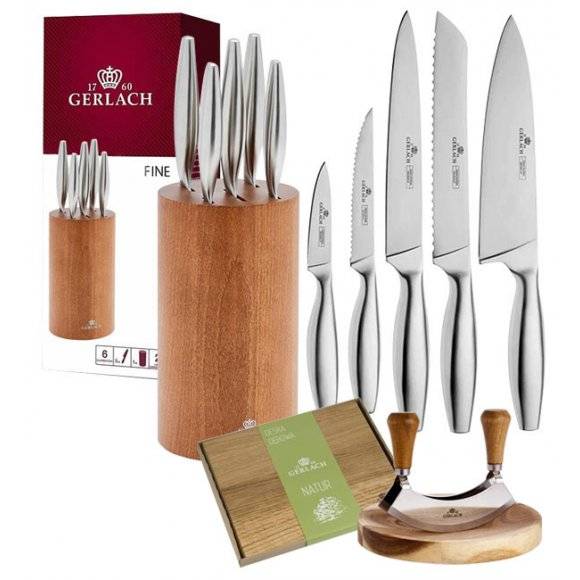 GERLACH FINE Komplet 5 noży w bloku + Natur Tasak z deską do ziół + deska dębowa