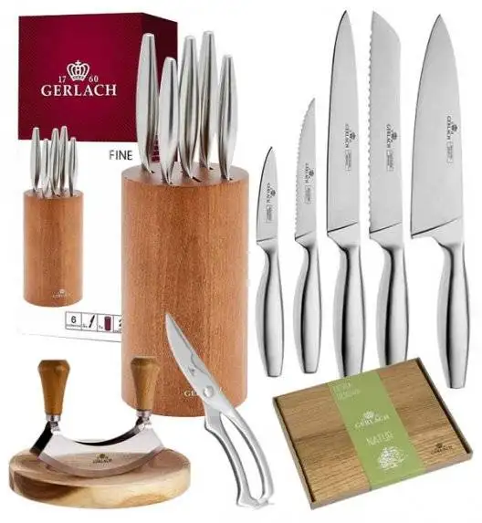 GERLACH FINE Komplet 5 noży w bloku + Natur Tasak z deską do ziół + deska dębowa + nożyce do drobiu