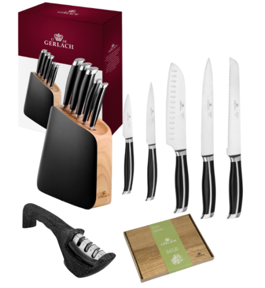 GERLACH LOFT Komplet 5 noży w bloku + ostrzałka 3w1 + deska dębowa