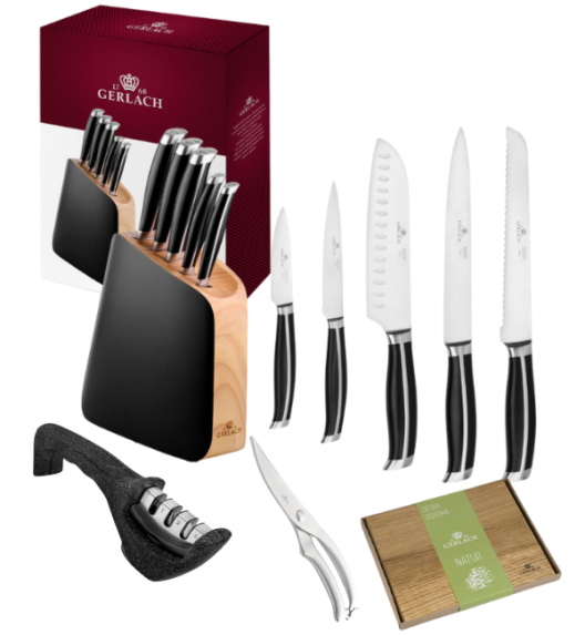 GERLACH LOFT Komplet 5 noży w bloku + ostrzałka 3w1 + nożyce + deska dębowa