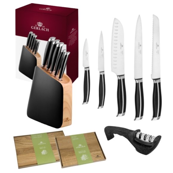 GERLACH LOFT Komplet 5 noży w bloku + ostrzałka 3w1 + komplet desek dębowych